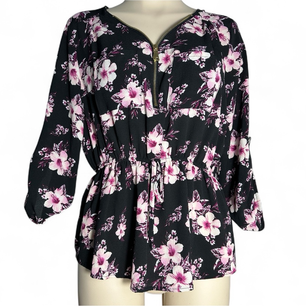 Chic Floral Women's Blouse in Black and Pink